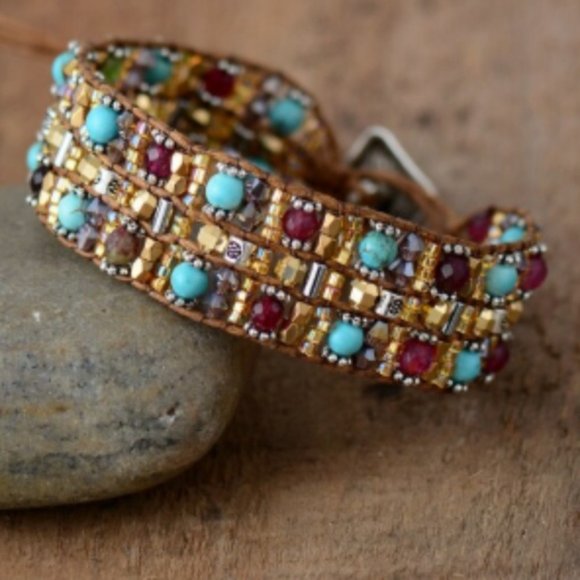 Semi Precious Stone Beaded Cuff Bracelet - Picture 2 of 6
